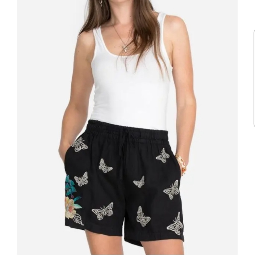 Johnny Was Black Butterfly Embroidered Cotton Shorts